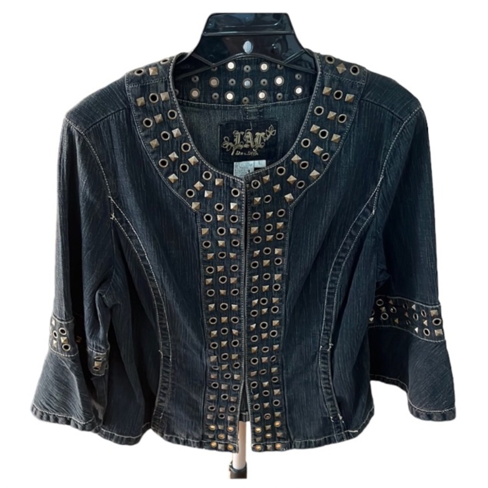 LIVE A LITTLE large blue studded
Jean jacket 3/4 sleeve bell sleeve